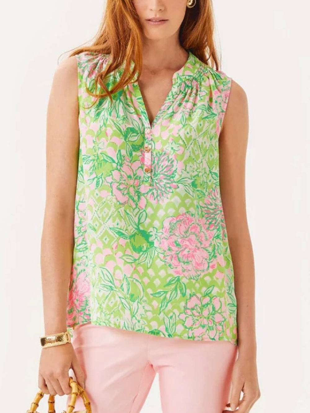 Lilly Pulitzer Silk Sleeveless Elsa Blouse Top 🏝️Fauna Green Lime Feeling Good
